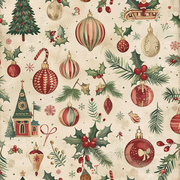 Christmas Vintage Fabric with Ornaments and Holiday Motifs seamless PBR texture preview