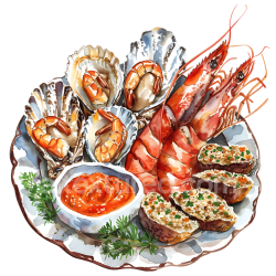 seamless Grilled Seafood Breakfast Platter with Romesco Sauce and Herbs PNG texture 8k free download PBR