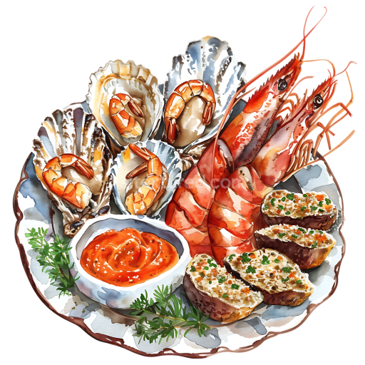 Grilled Seafood Breakfast Platter with Romesco Sauce and Herbs PNG
