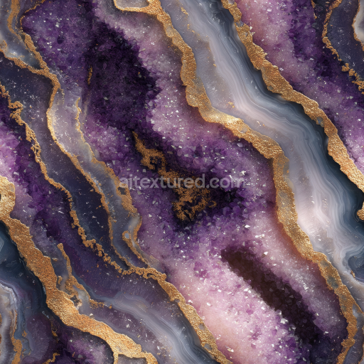 Seamless 3D Amethyst Geode Stone PBR Texture Featuring Purple Crystals and Gold Veins