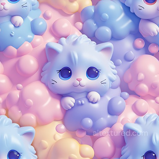 Inflated PBR Texture Featuring Puffy Cartoon Cat Bubbles in Pastel Colors seamless Inflated PBR texture
