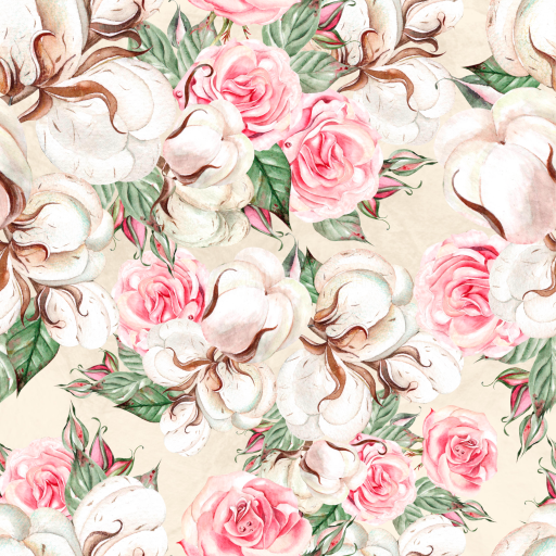 Preview — Seamless 3D PBR Texture Featuring Soft Cotton Bolls and Pink Roses