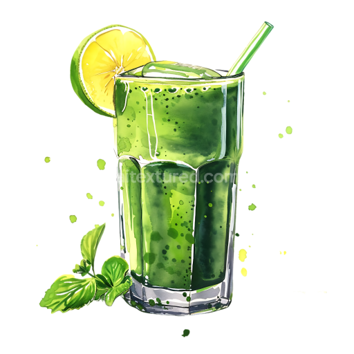 Breakfast Illustration of Refreshing Green Detox Juice with Lemon and Mint