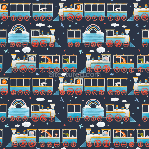 Seamless 3D PBR Fabric Texture with Colorful Baby Train Pattern