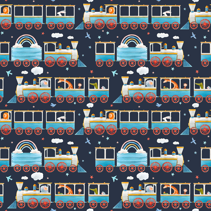 Fabric with Colorful Baby Train Pattern seamless PBR texture preview