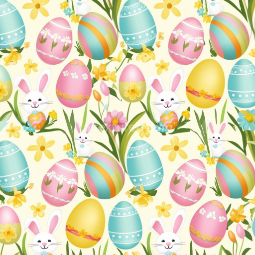 Seamless 3D PBR Texture Featuring Pastel Easter Eggs, Bunnies & Spring Flowers
