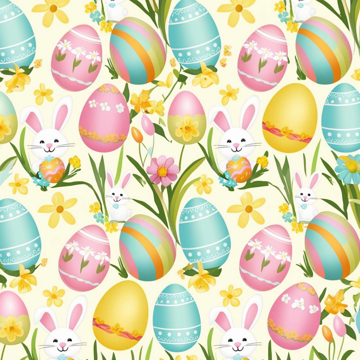 Featuring Colorful Easter Eggs and Bunnies with Floral Accents seamless PBR texture preview