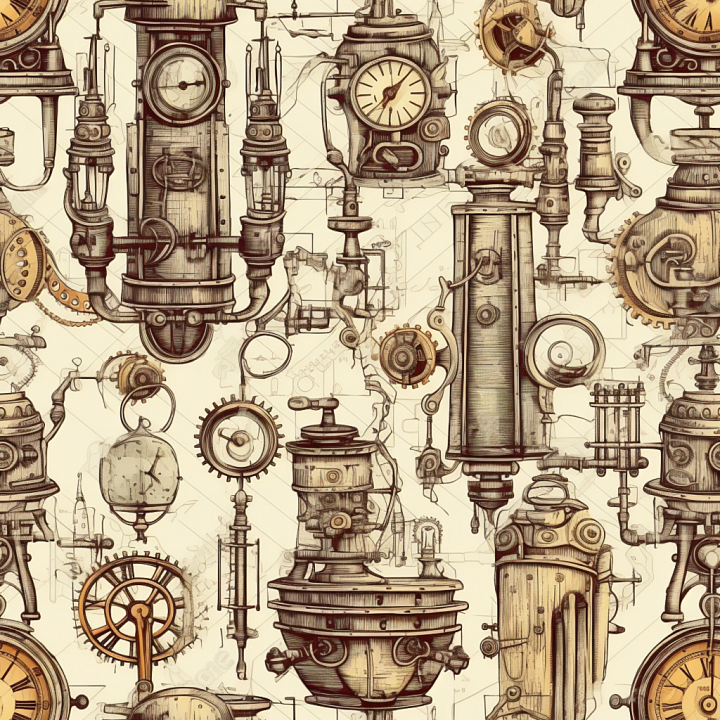 Vintage Scrapbook of Vintage Steampunk Mechanical Sketches and Clocks seamless PBR texture preview