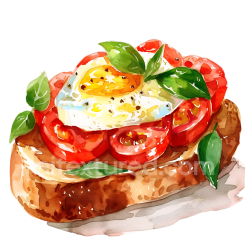 seamless Watercolor Style Bruschetta with Tomato, Egg, and Basil Breakfast Illustration texture 8k free download PBR