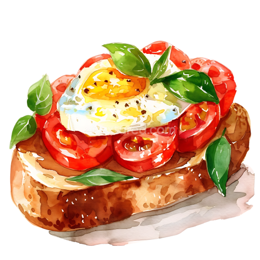 Watercolor Style Bruschetta with Tomato, Egg, and Basil Breakfast Illustration
