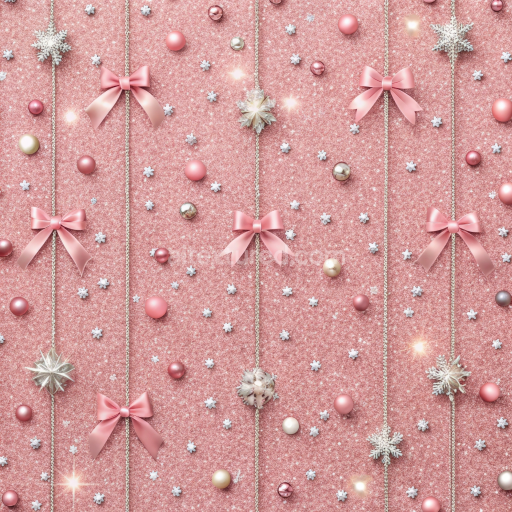Seamless 3D PBR Texture of Pink Glitter with Hanging Bows and Ornaments