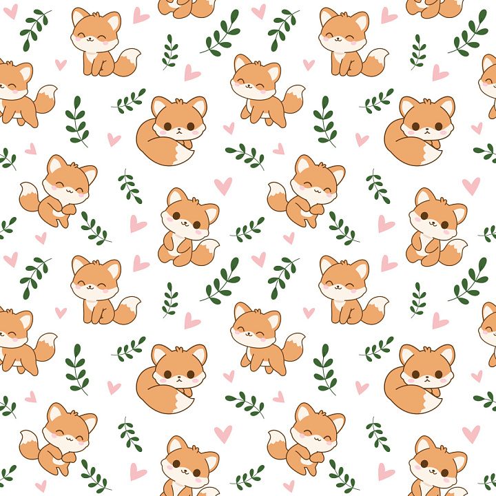 Pattern Featuring Cute Fox Motifs with Pink Hearts and Green Leaves seamless PBR texture preview