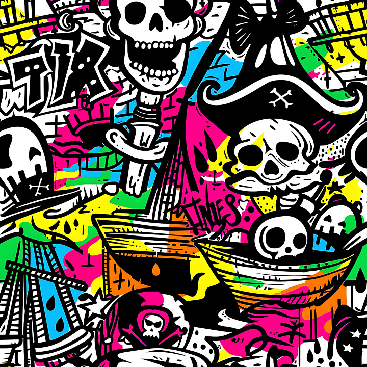 with Colorful Pirate Skull Graffiti Art seamless PBR texture preview