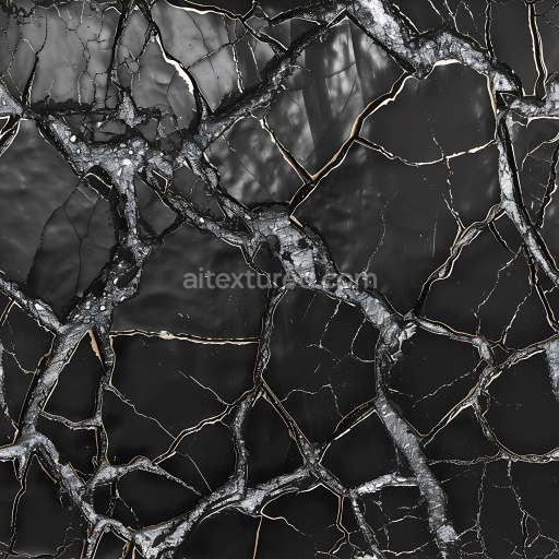 Seamless 3D PBR Cracked Black Stone Texture with Metallic Veins and Fractured Pattern