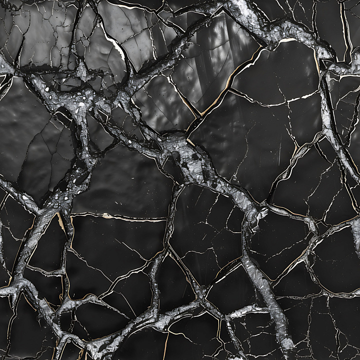 Cracked Black Stone with Metallic Veins and Fractured Pattern seamless PBR texture preview
