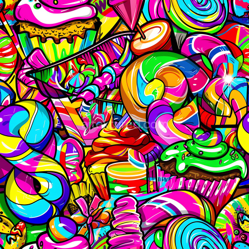 Preview — Seamless 3D PBR Graffiti Texture Featuring Bright Colorful Candy-Themed Artwork