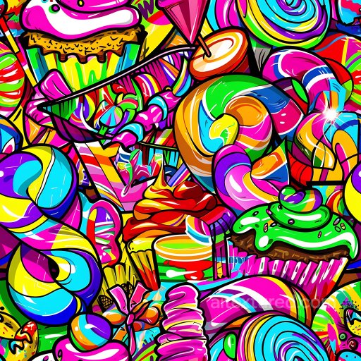 Seamless 3D PBR Graffiti Texture Featuring Bright Colorful Candy-Themed Artwork texture preview