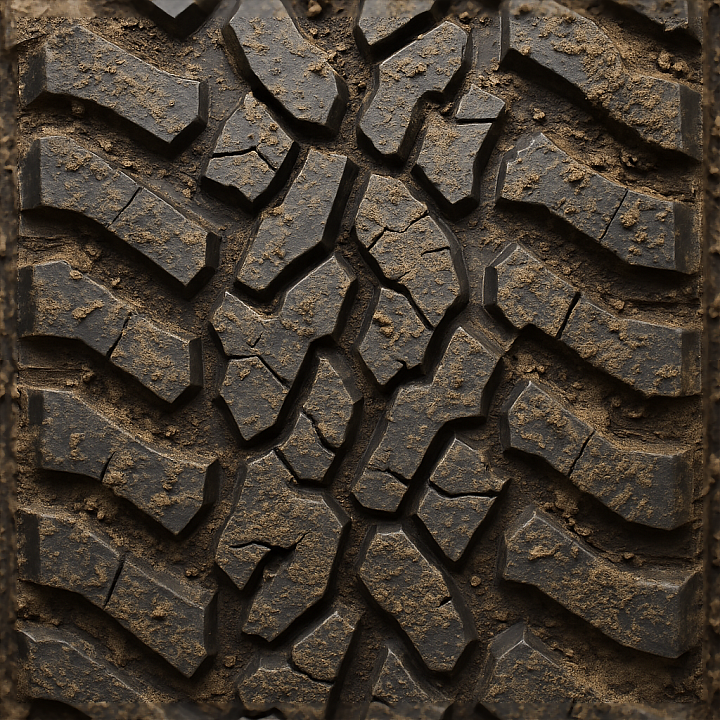 Mud Tire With Deep Tread And Mud Splatter For Authentic Wet Mud Offroad… seamless PBR texture preview