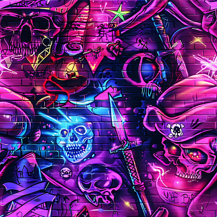 Graffiti Featuring Neon Skull Street Art seamless PBR texture preview