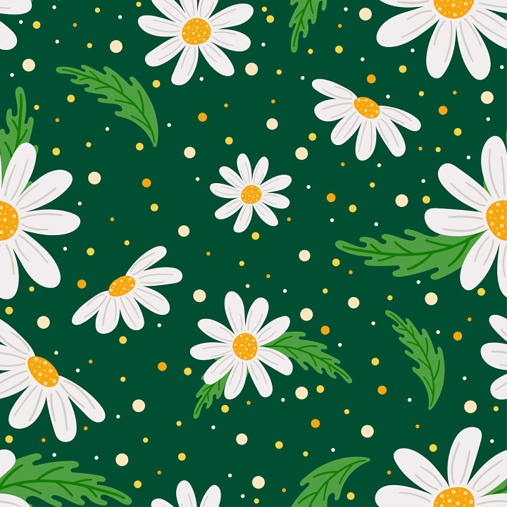 Pattern with White Daisy Flowers and Green Leaves seamless PBR texture preview