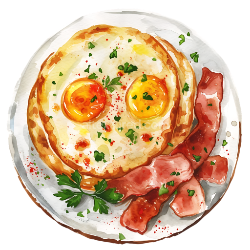Watercolor Style Breakfast Graphic with Sunny Side Up Eggs and Crispy Bacon