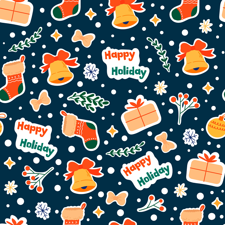 Christmas Digital Paper with Festive Icons and Dark Blue Background seamless PBR texture preview