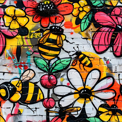 Seamless 3D PBR Graffiti Texture Featuring Vibrant Bees and Flowers on Brick Wall texture preview