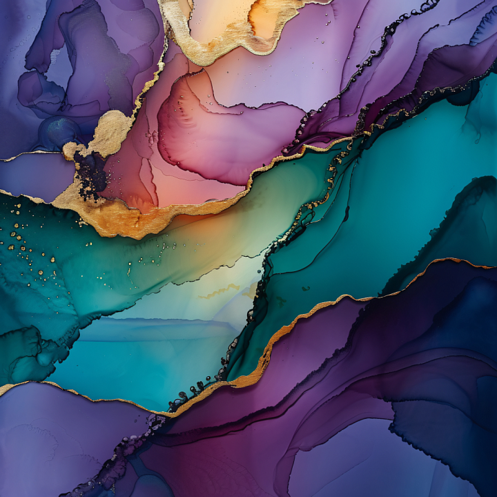 Alcohol Ink Featuring Fluid Blue and Purple Swirls with Gold Veining seamless PBR texture preview