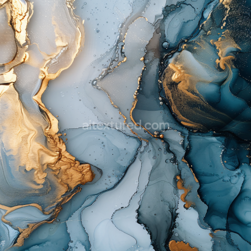 Seamless 3D Alcohol Ink PBR Texture Featuring Blue and Gold Fluid Waves with Marbled Veins
