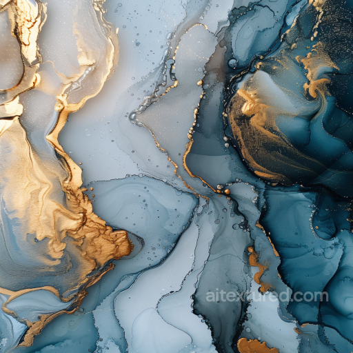 Alcohol Ink PBR Texture Featuring Blue and Gold Fluid Waves with Marbled Veins seamless Alcohol ink PBR texture