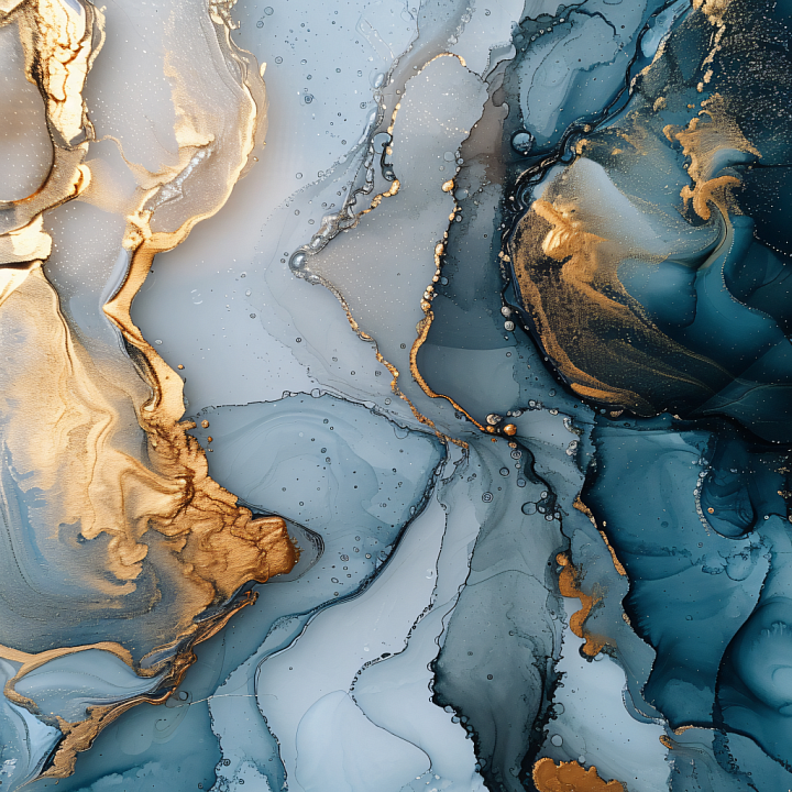 Alcohol Ink Featuring Blue and Gold Fluid Waves with Marbled Veins seamless PBR texture preview