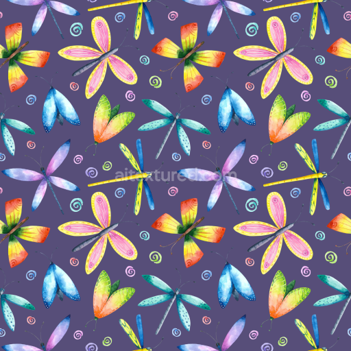 Seamless 3D PBR Texture with Vibrant Watercolor Dragonfly and Butterfly Pattern