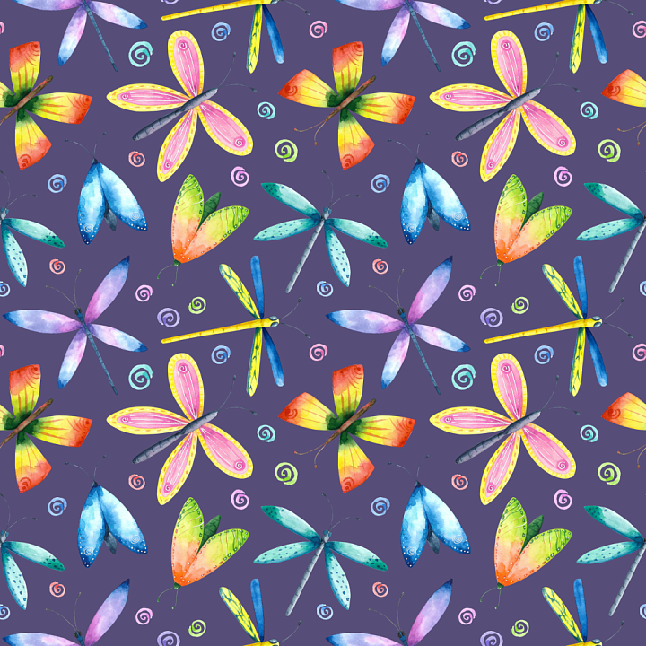 with Vibrant Watercolor Dragonfly and Butterfly Pattern seamless PBR texture preview