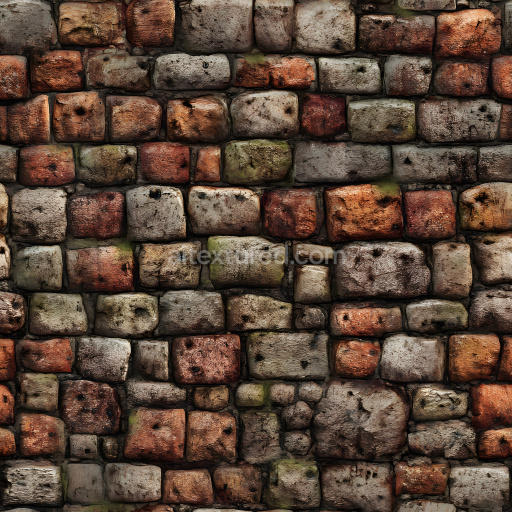 Seamless 3D PBR texture of cracked and holed multicolored brick wall with worn surfaces