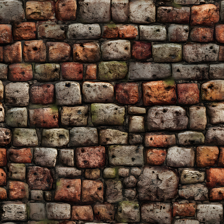 Of Cracked And Holed Multicolored Brick Wall With Worn Surfaces seamless PBR texture preview