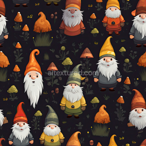 Seamless 3D PBR digital paper texture featuring cartoon Easter gnomes and mushrooms