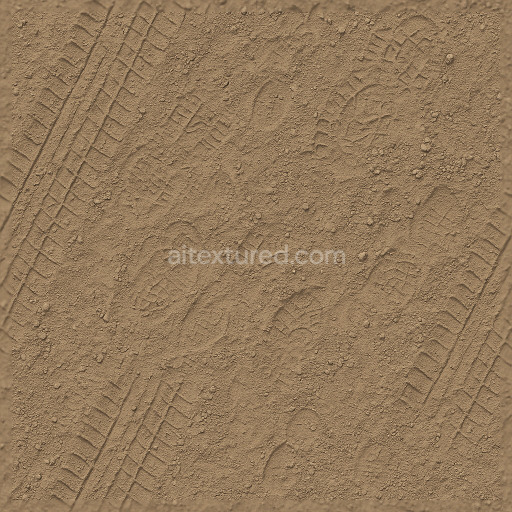 Seamless 3d texture pbr 8k compacted dirt ground surface with tire tracks and footprints
