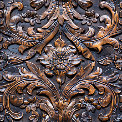 Seamless 3D PBR embossed brown leather texture with intricate floral carving and metallic finish