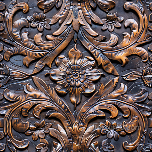 Embossed Brown Leather Texture With Intricate Floral Carving And Metallic Finish seamless Leather PBR texture