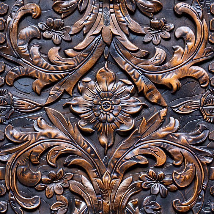 Embossed Brown Leather With Intricate Floral Carving And Metallic Finish seamless PBR texture preview