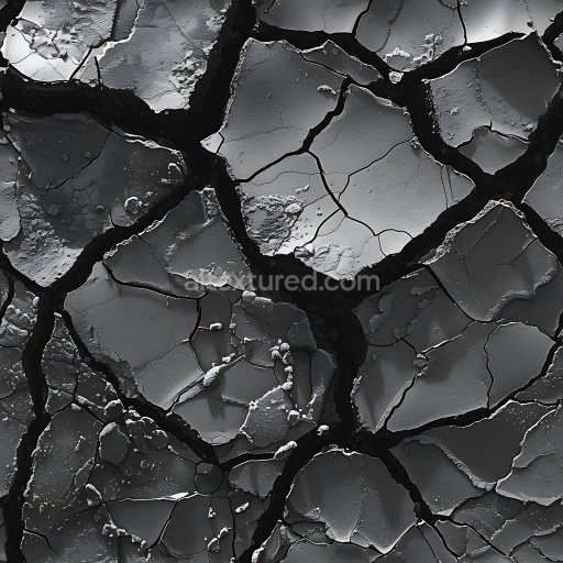 Seamless 3D cracked and broken metal PBR texture with jagged fractures and dark tones