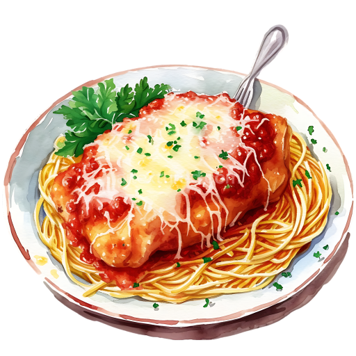 Breakfast Chicken Parmigiana with Spaghetti and Tomato Sauce Illustration