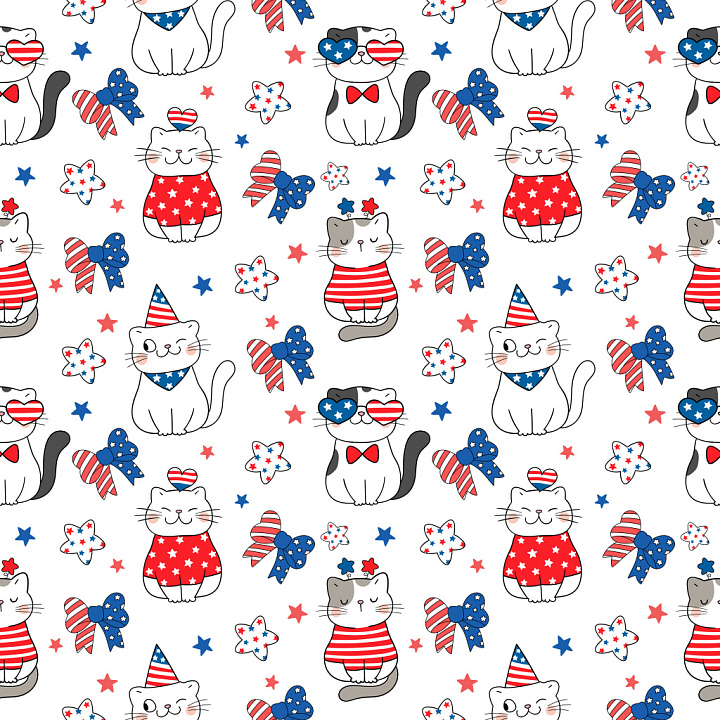 Pattern Featuring Cartoon Cats with Patriotic Stars and Stripes seamless PBR texture preview