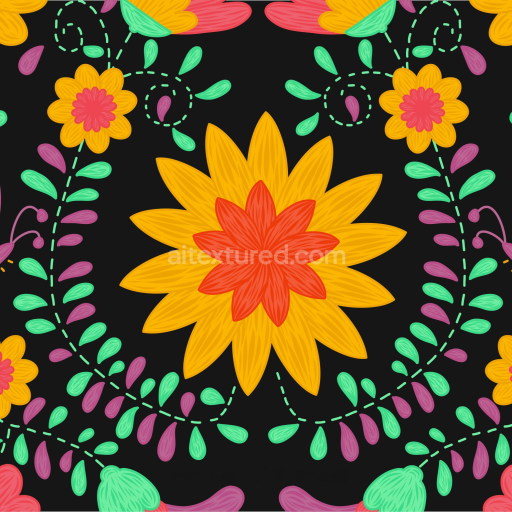Seamless 3D PBR embroidered floral fabric texture in vibrant yellow, red, and green
