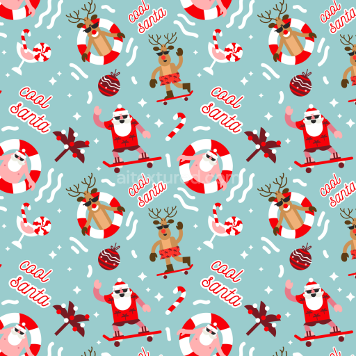 Seamless 3D PBR Christmas Pattern Texture Featuring Skateboarding Santa & Cool Reindeer