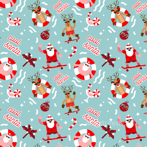 Christmas Pattern Texture Featuring Skateboarding Santa & Cool Reindeer seamless Christmas Pattern PBR texture