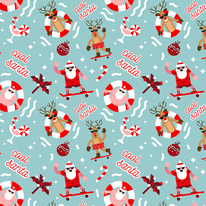 Christmas Pattern Featuring Skateboarding Santa & Cool Reindeer seamless PBR texture preview
