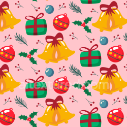 seamless Seamless 3D PBR Texture Featuring Bright Christmas Bells, Gifts & Holly on Pink Background texture 8k free download PBR