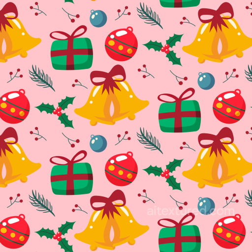 Featuring Bright Christmas Bells, Gifts & Holly on Pink Background seamless All Christmas Digital paper PBR texture