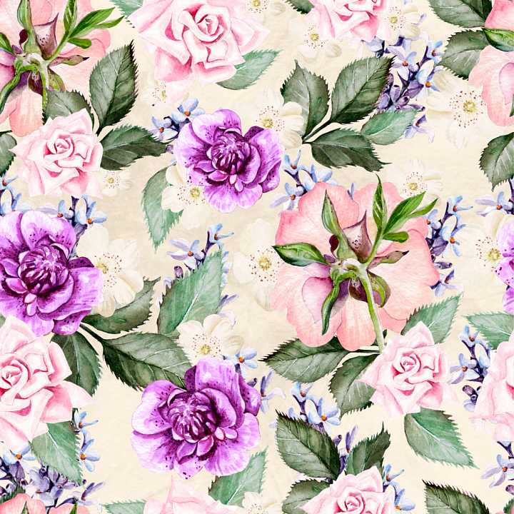 Floral Fabric Featuring Watercolor Roses and Leaves seamless PBR texture preview